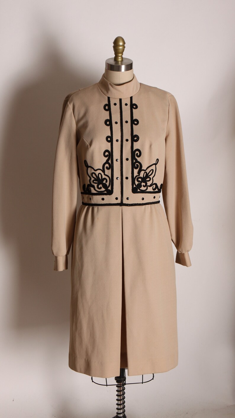 1960s Tan and Black Abstract Soutache Swirl Military Look Long Sleeve Dress by Jan Sue of California L image 2