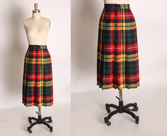 1960s Green, Red, Yellow and Black Plaid Pleated Skir… - Gem