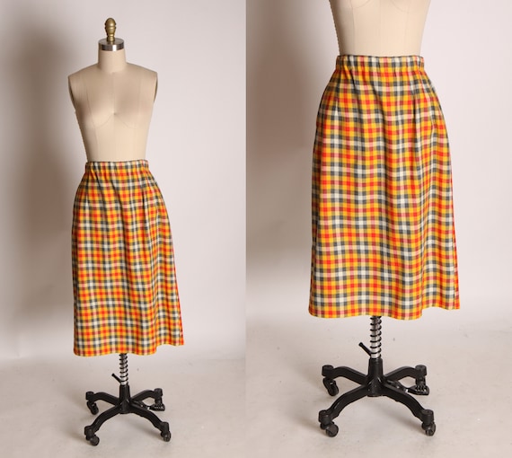 1960s Yellow and Red Plaid Elastic Waist Winter Wool Skirt -M-L