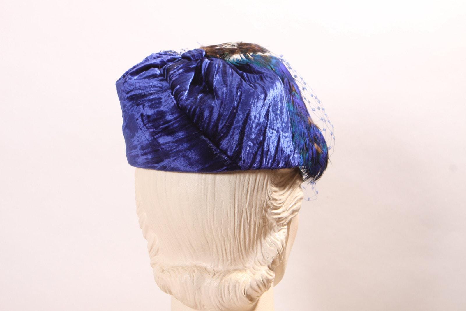 Vintage Royal Blue Velvet Hat With Peacock Feather Veil - Etsy display picture 3