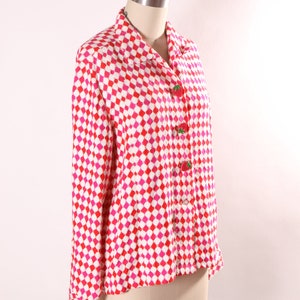 Late 1960s Early 1970s Pink, Red and White Harlequin Square Print Long Sleeve Strawberry Button Covers Blouse L image 4