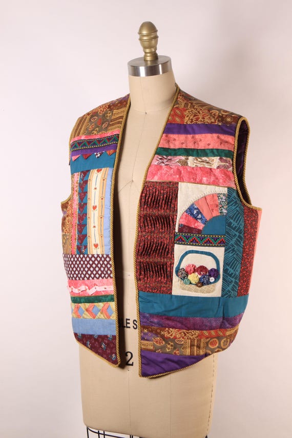 1980s Multi-Colored Patchwork Quilt Basket and He… - image 5