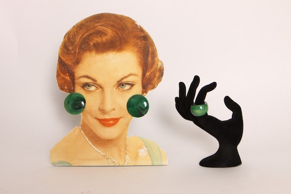 1950s Green Swirl Lucite Matching Clip On Earrings and Ring by Celebrity