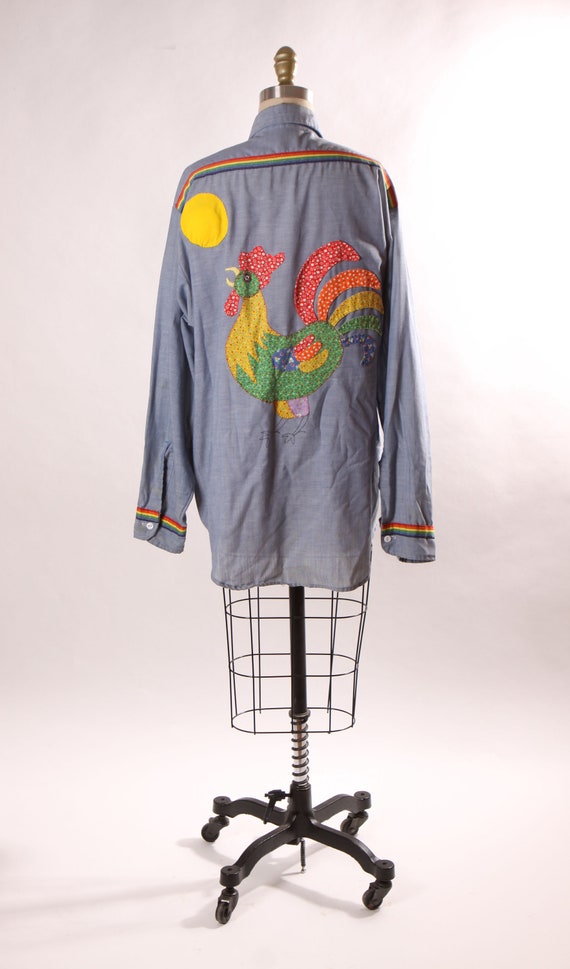 1970s Denim Chambray Long Sleeve Rainbow Striped … - image 8