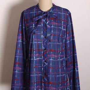 Vestido de manga larga con lazo abotonado, de cuadros azules, rojos y morados, de los años 70, de Lady Blair (talla M)