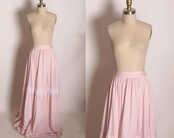 1970s Pink and White Gingham Polyester Floor Length Lace Trim Prairie Cottagecore Skirt