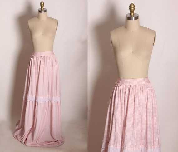 1970s Pink and White Gingham Polyester Floor Length Lace Trim Prairie Cottagecore Skirt