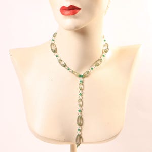 1930s Clear Glass and Green Floral Etched Art Deco Drop Chain Necklace