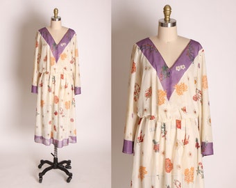 1970s Cream and Purple Sheer Floral Print Long Sleeve Blouse with Matching Skirt Outfit by David Barr -L