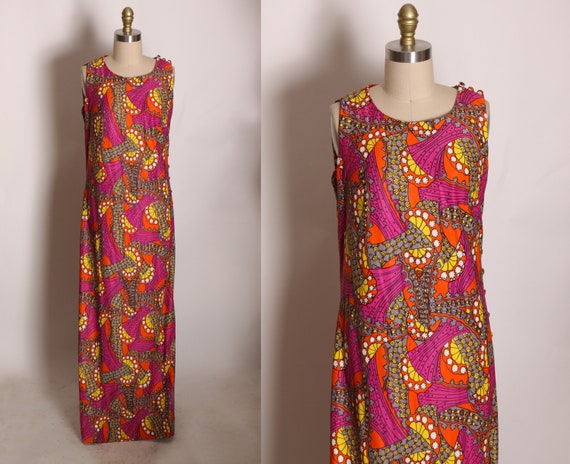 1960s Pink, Yellow and Orange Abstract Swirl Psychedelic Peter Max Style Full Length Button Up Side Sleeveless Dress by Toty Original -M