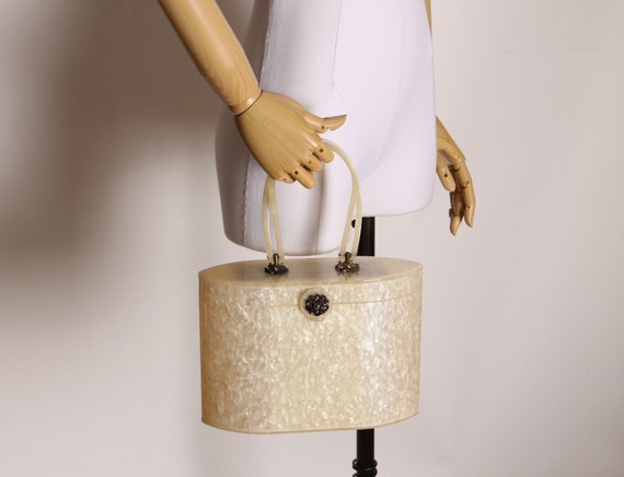 1950s Cream Pearl Swirl Lucite Large Top Handle Ornate Hardware Purse by Wilardy