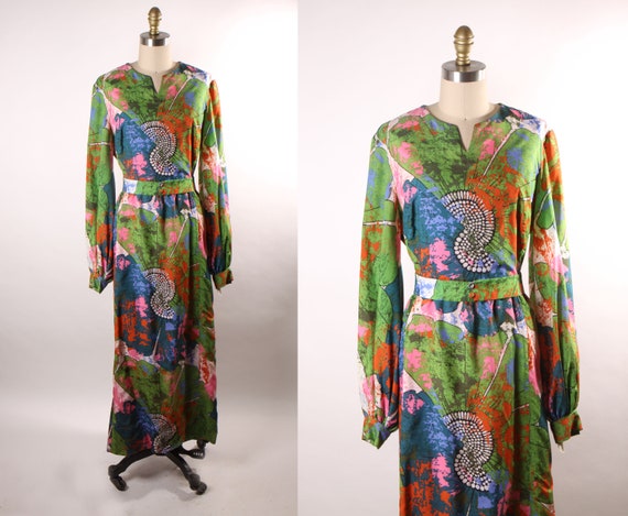 1960s Green, Pink, Black and White Abstract Long Sleeve Full Length Psychedelic Dress -XL