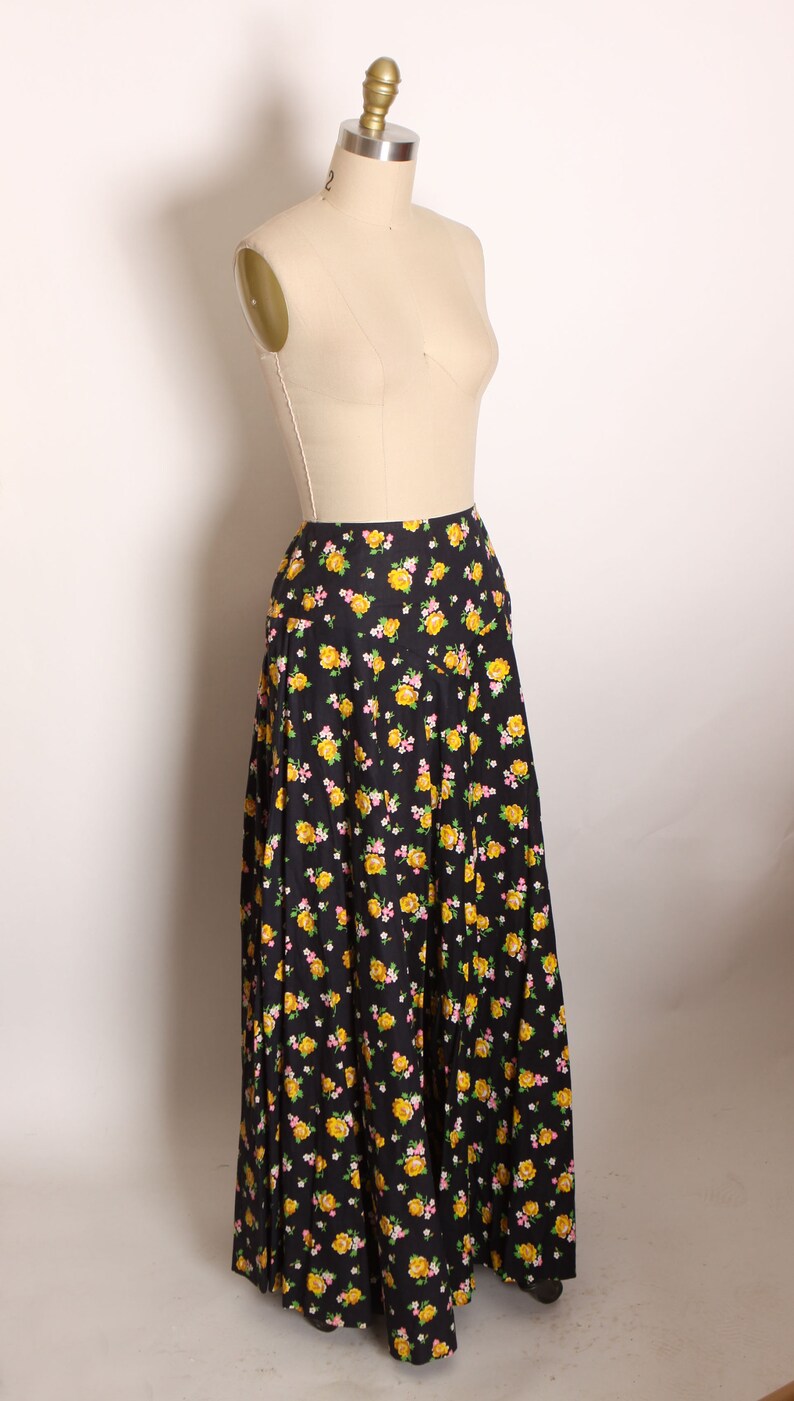 1970s Black, Yellow, Green and Pink Floral Full Length Prairie Cottagecore Skirt by Lanz Original M image 6