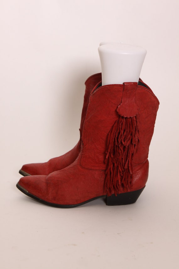 1980s Red Leather Fringe Cowgirl Cowboy Boots -Siz