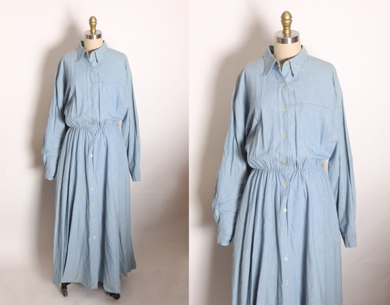 1980s Light Blue Denim Button Up Fit and Flare Long Sleeve Dress by Cambridge Dry Goods Company -L