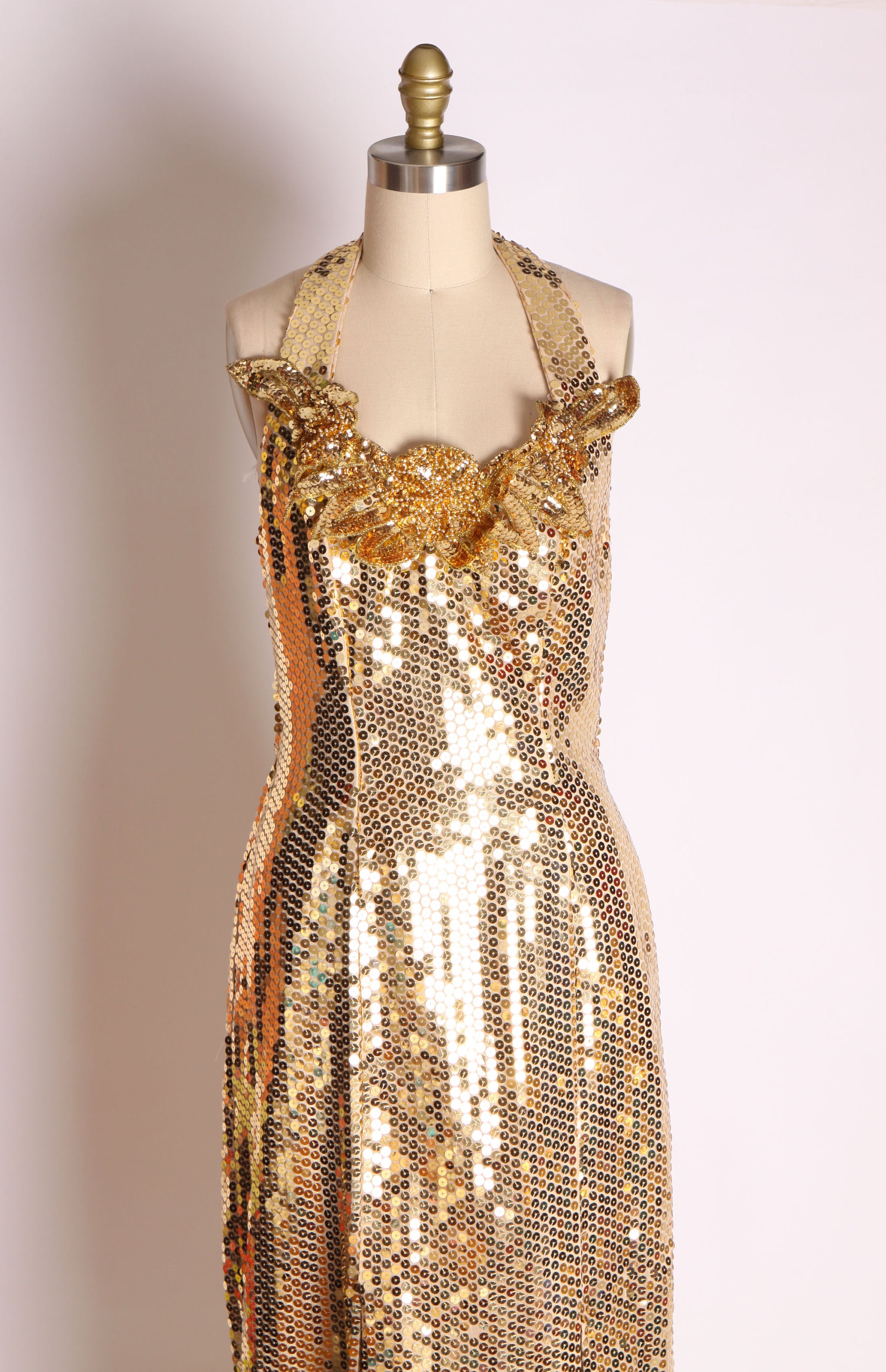 1980s Gold Sequin Halter Top Full Length Pageant Prom Dress by ...