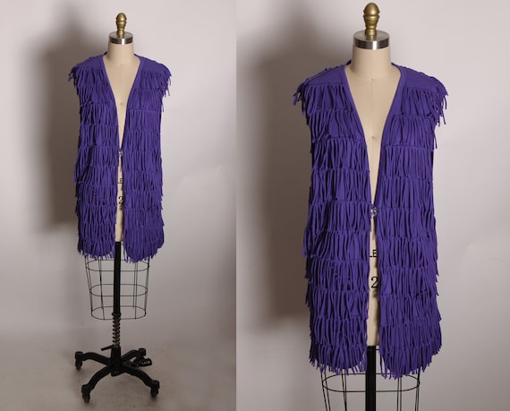 1980s Purple Fringe Sleeveless Hip Length Shaggy Button Front Vest by Milee and Me by Moon Craft -L