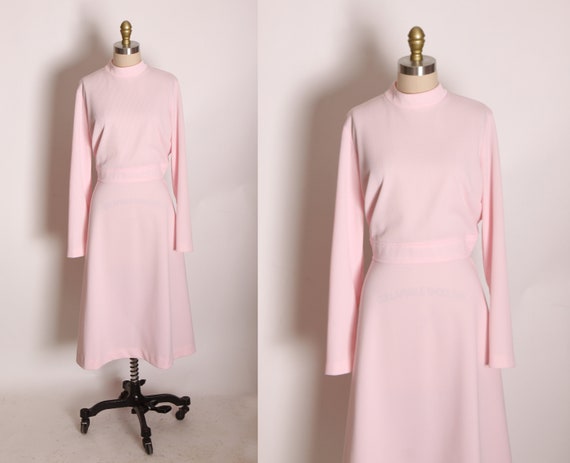 1970s Light Pink Polyester Bracelet Sleeve Below the Knee Dress by Empress of Dallas -L