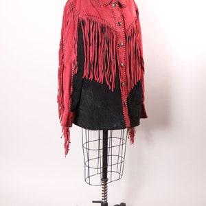 1980s Red and Black Suede Leather Fringe Long Sleeve Metal Snap Western Cowgirl Jacket Coat by Bob Mackie L image 7