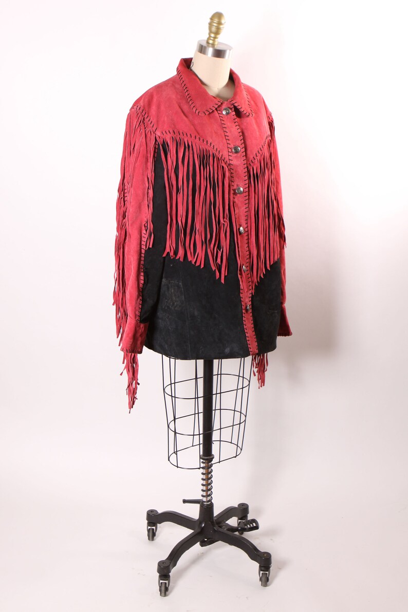 1980s Red and Black Suede Leather Fringe Long Sleeve Metal Snap Western Cowgirl Jacket Coat by Bob Mackie L image 7