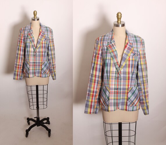 1970s Multi-Colored Rainbow Plaid Long Sleeve Button Up Blazer Jacket by College Town -L