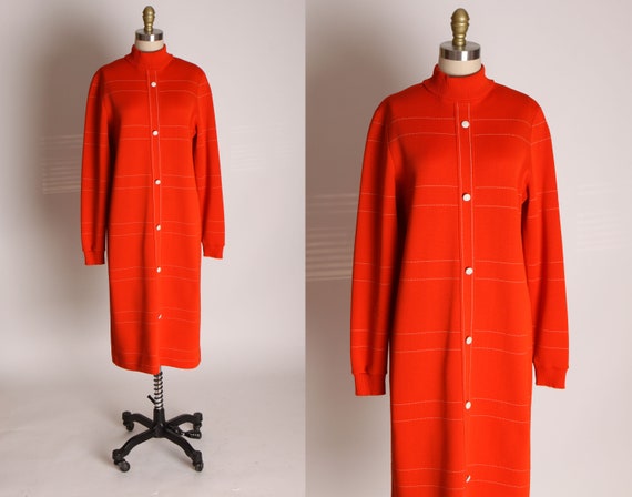 1960s Red and White Striped Mod Long Sleeve Faux Button Up Front Dress by Alfred Werber -M