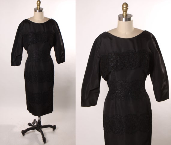 1950s Black Lace Detail 3/4 Length Sleeve Bow Detail Back Formal Cocktail Dress by Paul Parnes for Montaldo’s -L