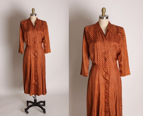 1940s Brown and Tan Novelty Picture Frame Style Geometric Shape Print Long Sleeve Button Up Front Dress by Ascot Casuals, LTD. -M