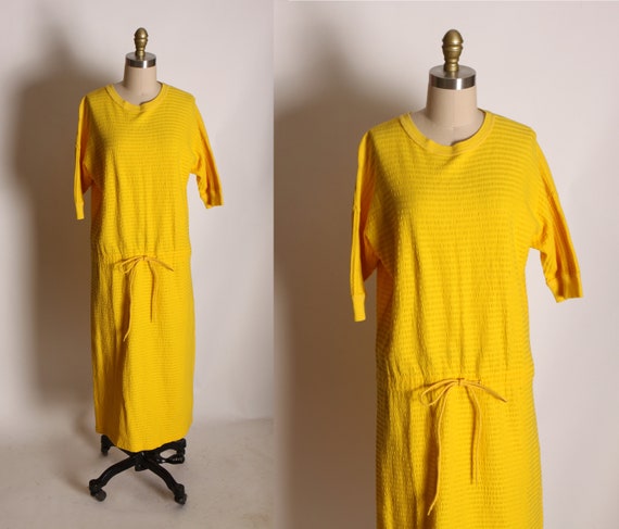 1970s Yellow Textured Cotton Half Sleeve Drawstring Waist Dress by Neiman Marcus -L