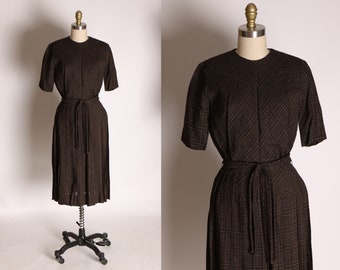 1950s Brown and Tan Plaid Short Sleeve Pleated Skirt Belted Dress by Mancini -XS