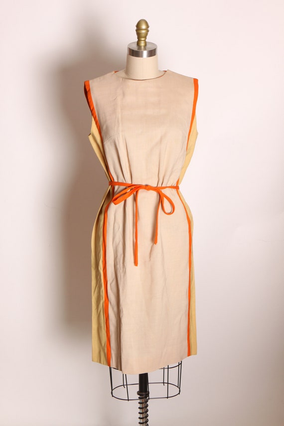 1960s Tan, Yellow and Orange Sleeveless Side Stri… - image 2