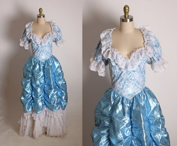 1970s Victorian Style Metallic Blue and White Ruffle Gathered Frilly Lace Full Length Pageant Princess Prom Dress by Loralie Original -XS