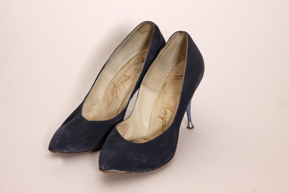 1950s Blue Suede and Silver Detail Stiletto High … - image 4