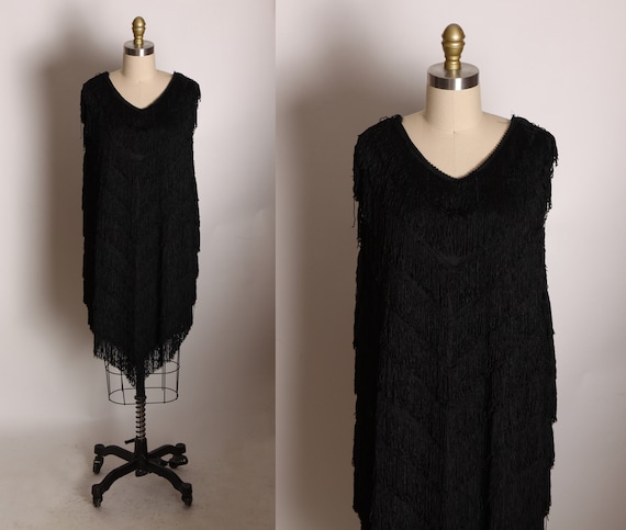 1980s Black Fringe Sleeve Shimmy and Shake Sheath Flapper Style Dress by Too-Chez -2XL