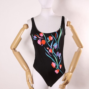1980s 1990s Black, Green and Pink Floral One Piece Swimsuit -M