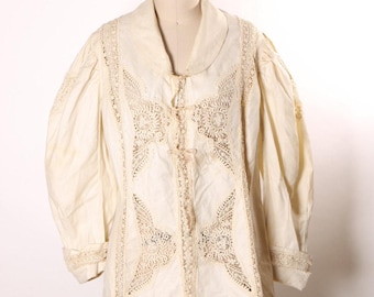 Chaqueta antigua de los años 1800-1900, estilo victoriano-eduardiano, manga larga, encaje irlandés, color crema, blanco roto, cierre de botones - Talla L