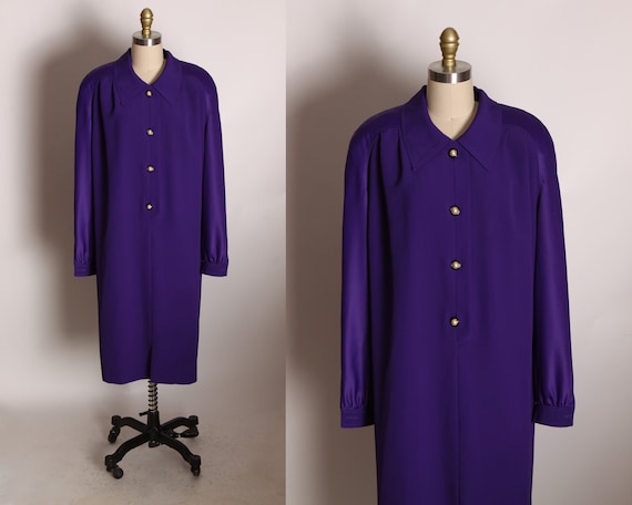 1970s Purple Long Sleeve Gold Button Up Front Knee Length Shift Dress by Lilli Ann -L