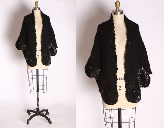 1940s 1950s Black Yarn Knit Circular Spider Web Sh
