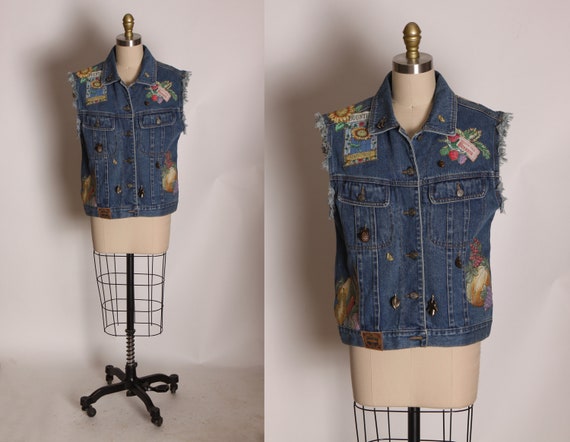 1990s Novelty Blue Denim Garden Seed Packets Patchwork Embroidery Vest by Gitano -L