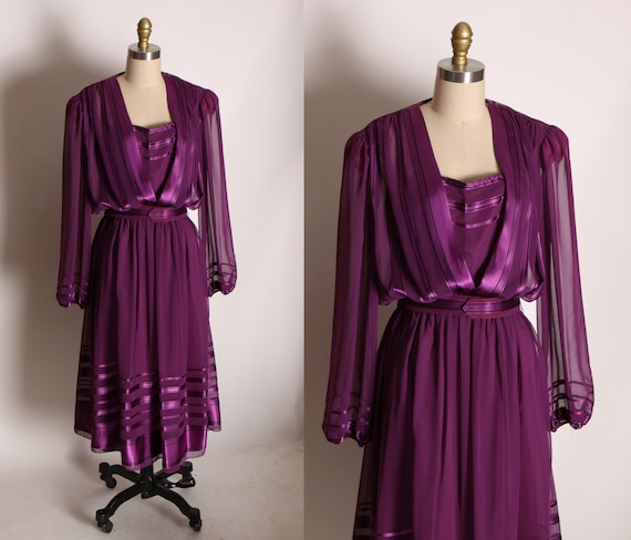 1970s Royal Purple Sheer Striped Long Sleeve Belted Dress by Jackie Taub for Connections -L