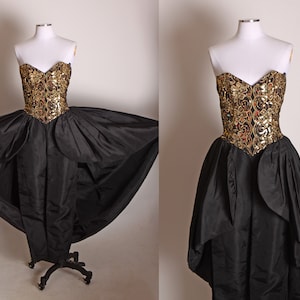 1980s Black and Gold Sequin Strapless Bodice One Piece Formal Cocktail Overskirt Dress Jumpsuit by Jessica McClintock for Gunne Sax XS image 1