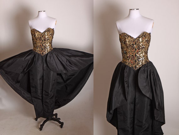 1980s Black and Gold Sequin Strapless Bodice One Piece Formal Cocktail Overskirt Dress Jumpsuit by Jessica McClintock for Gunne Sax -XS