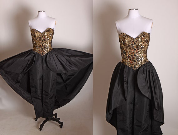 1980s Black and Gold Sequin Strapless Bodice One Piece Formal Cocktail Overskirt Dress Jumpsuit by Jessica Mcclintock for Gunne Sax XS Etsy UK