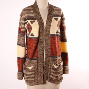 1970s Tan, Cream and Brown Abstract Knit Long Sleeve Open Front Sweater Jacket by Fine Quality Sweaters -M