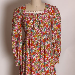 1970s Pink, Red and Blue Floral Flower Power 3/4 Length Sleeve Prairie Cottagecore Dress M image 2