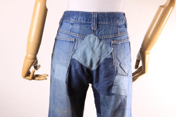 1970s Blue Denim Patchwork Patched Denim Jeans by Montgomery Ward