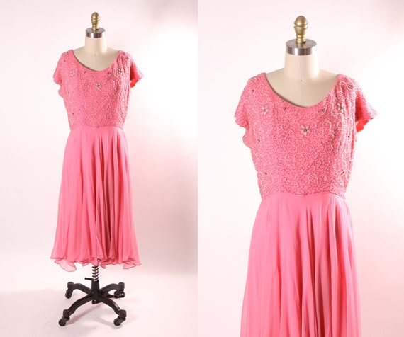 1960s Pink Short Sleeve Swirl Floral Beaded Chiffon Overlay Plus Size Volup Dress -L