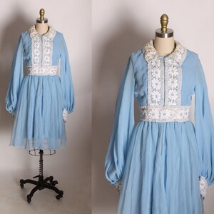 Late 1960s Early 1970s Light Blue and White Floral Lace Puffy Long Sleeve Mini Dress -S