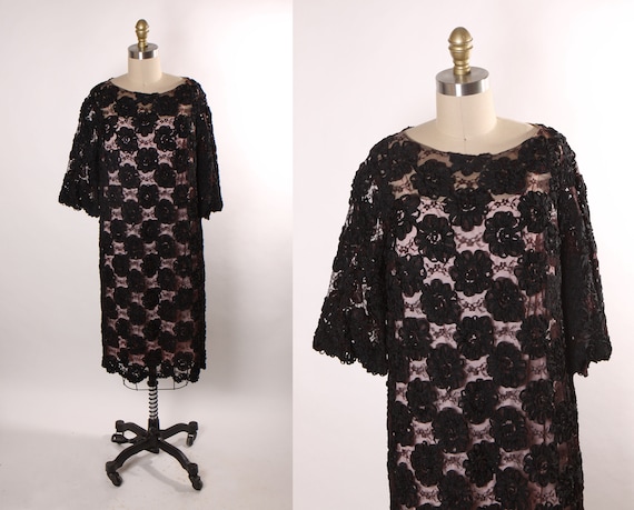 1960s Sheer Black Floral Lace Overlay 3/4 Length Sleeve Dress with Two Custom Slips in Pink and Black with Built in Bras Three Piece Set -L