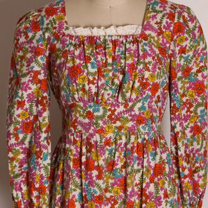 1970s Pink, Red and Blue Floral Flower Power 3/4 Length Sleeve Prairie Cottagecore Dress M image 3